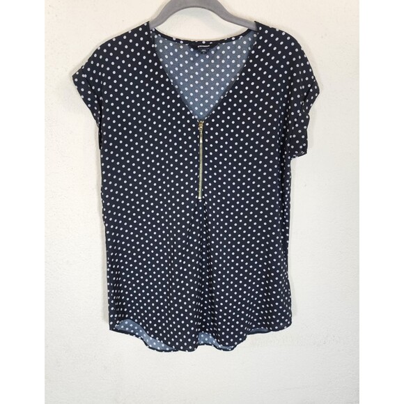 Express Blouse Top Small Black White Polka Dot Zip V-Neck Short Sleeve High Low - Picture 1 of 7